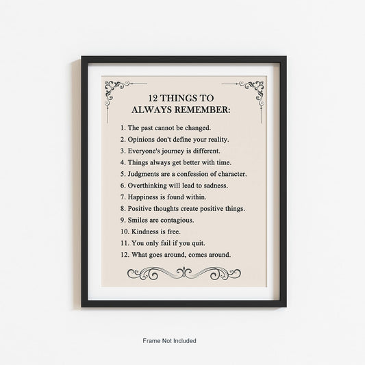 ’12 Things to Always Remember’- Inspirational Wall Art- Positive Thinking Artwork Décor-Life Quotes Poster-