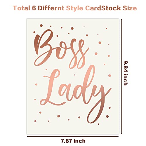 Haooryx 6Pcs Boss Lady Wall Art Rose Gold Inspirational Quote Cardstock Art Print Office Decor Set, Minimalist Girls Art Print Poster for Girls Women Bedroom Dorm Study Room Office Decorations