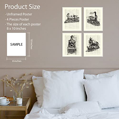 Vintage Steam Train Locomotive Transport Railroad Railway Trip Poster Wall Art Prints Train Themed Art Decor for Office Home,Train Lovers Gifts,8”x 10”Inch Poster Paintings Set of 4 Art Decor