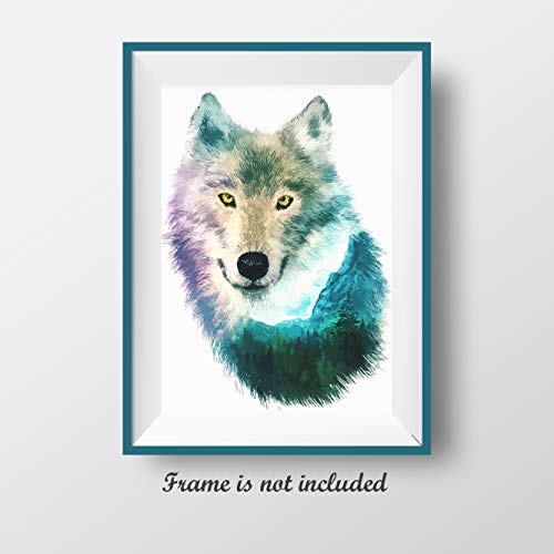 7Dots Art. Double exposition. Watercolor Art Print, poster 12"x10" (A4) on Fine Art thick Watercolor paper for living room, bedroom, bathroom. Wall art decor with Animals for boys, girls. (Wolf)