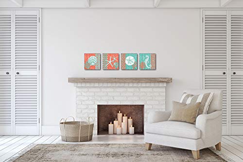 Gango Home Décor 4 Lovely Teal and Coral Ocean Seashell Sand Dollar Seahorse Star Fish Collage Poster Prints; Nautical Decor; Four 8x8in Poster Prints