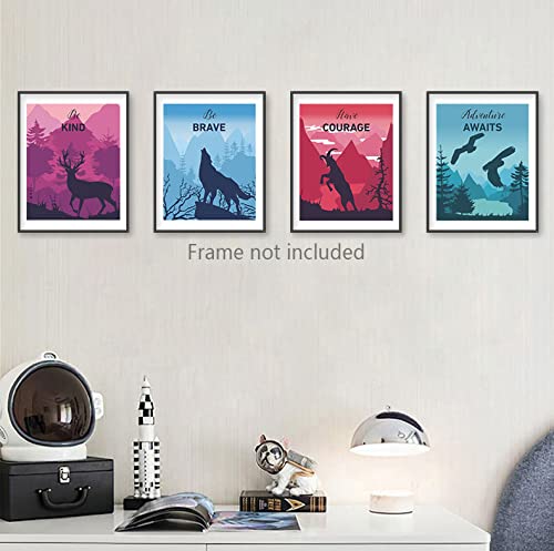 heshengzaixian Adventure Woodland Inspirational Quotes Canvas Wall Art, Forest Mountain Nature Landscape Painting Explore Motivational Wildlife Decor Poster for Boy'S Room,Set Of 4(8”x10”,Unframed)