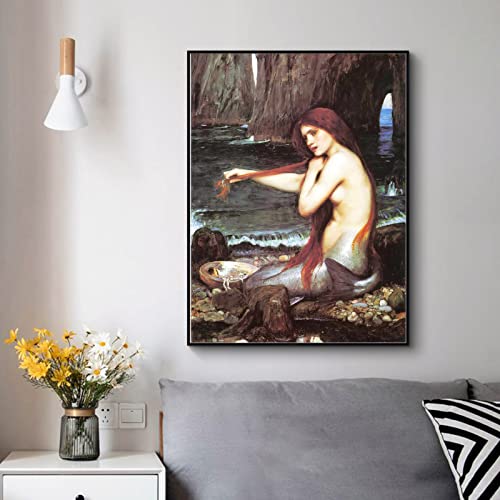 ZZPT John William Waterhouse Prints - Mermaid Canvas Wall Art - Oil Painting Poster Cool Wall Decor for Girls Room Bedroom Home Decor Unframed (12x18in/30x45cm)
