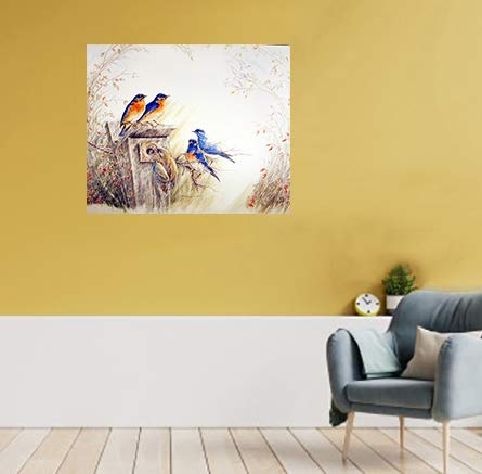 Bluebirds on Tree Feeder Bird Paintings Picture Wall Decor Art Print Poster (16x20)