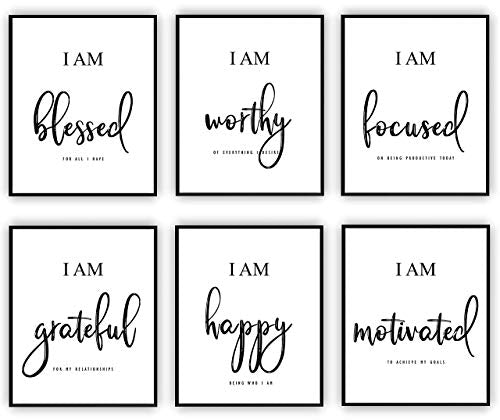 Inspirational Wall Art,Motivational Wall Art,Office & Bedroom Wall Decor,Positive Quotes & Sayings,Daily Affirmations for Men, Women & Kids,Black & White Poster Prints (8X10, Set of 6, No Frame)