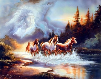 Horse Runs In Lake With Indian Spirit Wall Decor Art Print Poster (16x20)