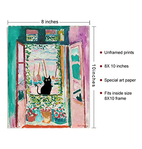 Henri Matisse Wall Art - Matisse Prints - Famous Open Window Poster - Black Cat Poster - Funny Cat Wall Decor Print - Cat Wall Art - Matisse Abstract Vintage Wall Art & Decor, 8x10" Unframed