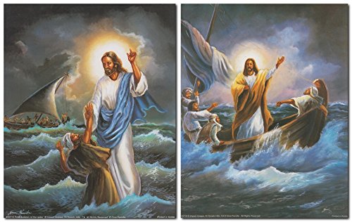 Wall Decor Picture Jesus Christ Stilling the Storm Religious and Spiritual Bible Two Set Art Print Poster (8x10)