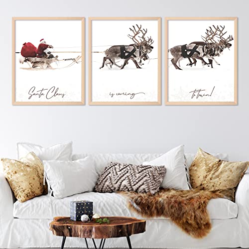 AnyDesign 3Pcs Christmas Wall Art Prints 11x14in Santa Claus Reindeer with Sleigh Art Poster Decor Large Aesthetic Xmas Posters Room Decor for Gallery Living Room Bathroom Wall Decor(UNFRAMED)