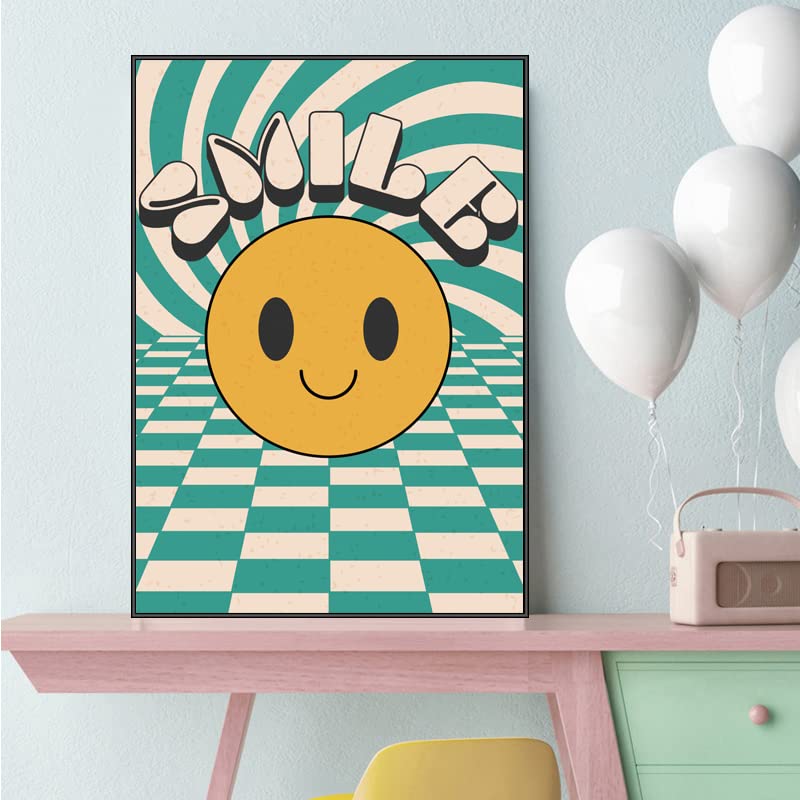 Hippie Wall Art Vintage Wall Decor Prints Hippie Flower Canvas 60s 70s Retro Posters Abstract Minimalist Happy Face Photos Boho Pictures for Living room Bedroom