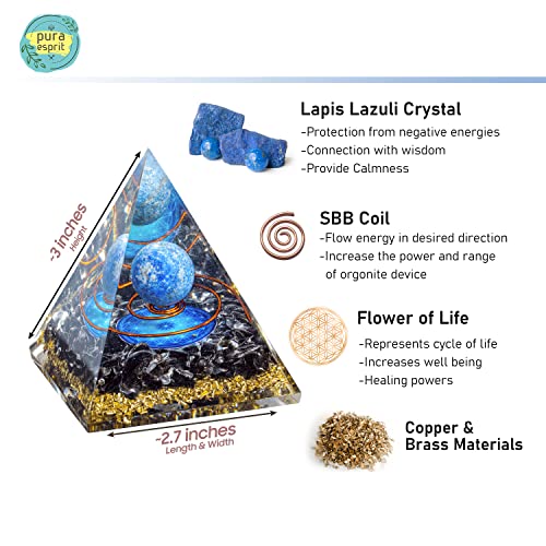 Orgone Pyramid - Positive Energy Orgone Generator - Lapis Lazuli Crystal Sphere Flower of Life Orgonite Pyramid - Meditation Aids Sleep Crystal Pyramid Attract Wealth Wisdom - Spiritual Christmas Gift