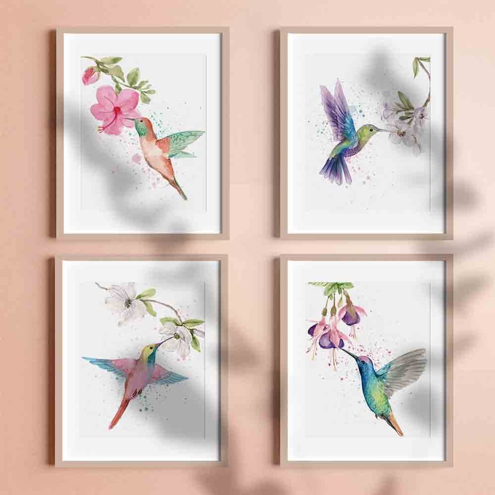 Colorful Birds Flower Branch Plants Art print, Set of 4(8"x10"), Watercolor Hummingbirds Flower Plants Illustration Wall Decor Art print, Hummingbird Nature Art Poster for Home Office, Unframed