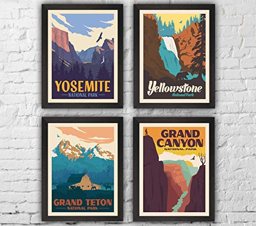 HerZii Prints National Park Posters & Prints - Set Of 4 Vintage National Parks Poster | Nature Wall Art Decor | Mountain Travel Posters (8"x10" UNFRAMED)