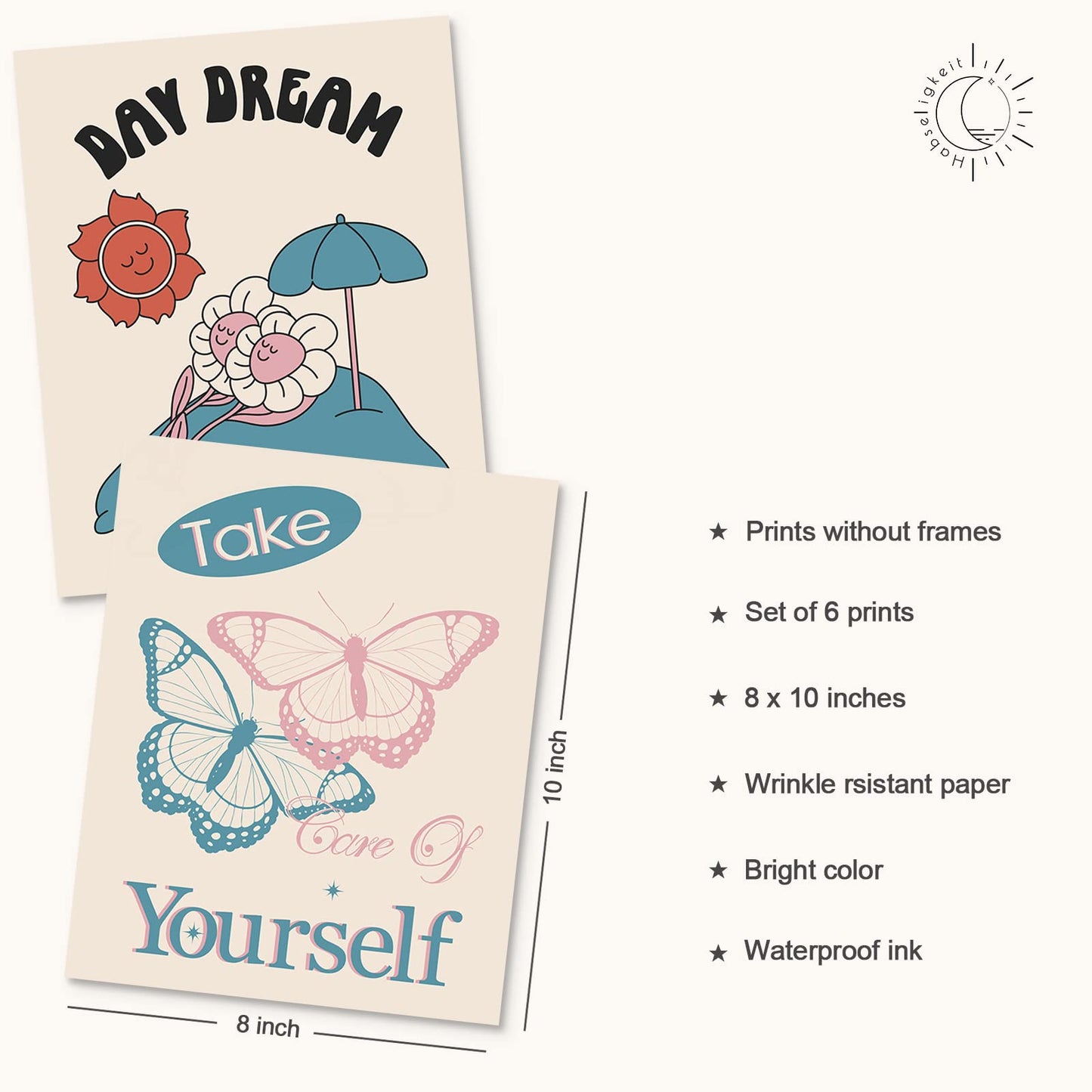 Habseligkeit Butterfly 70s Wall Decor, Floral Hippie Market Posters for Room Aesthetic, Vintage Wall Art Dorm Room Wall Decor Unframed, 8x10in, Set of 6