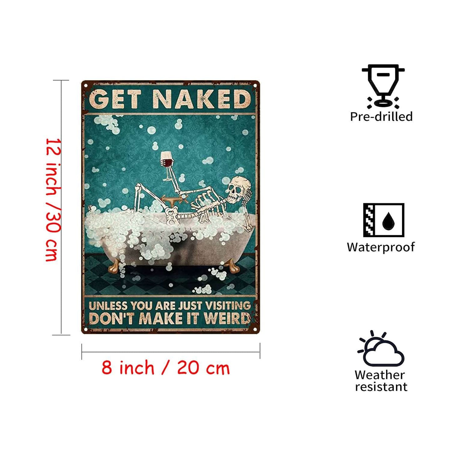 YLUYINOM Tin Metal Signs Get Naked Skeleton Poster, Skeleton Bathroom Poster, Bathroom Wall Art, Skull Bathroom Sign, Funny Bathroom Print,Funny Skull Bathroom Decor 8X12 inch-Tin Painting