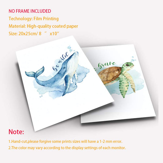 LONLONBANG Funny Watercolor Ocean life Quotes Art Print, Picture Poster for Nursery Kids Girls Bedroom Bathroom Home Decor, Sea turtle sea horse jellyfish whale, Set of 4 (8”X10”), No Frame
