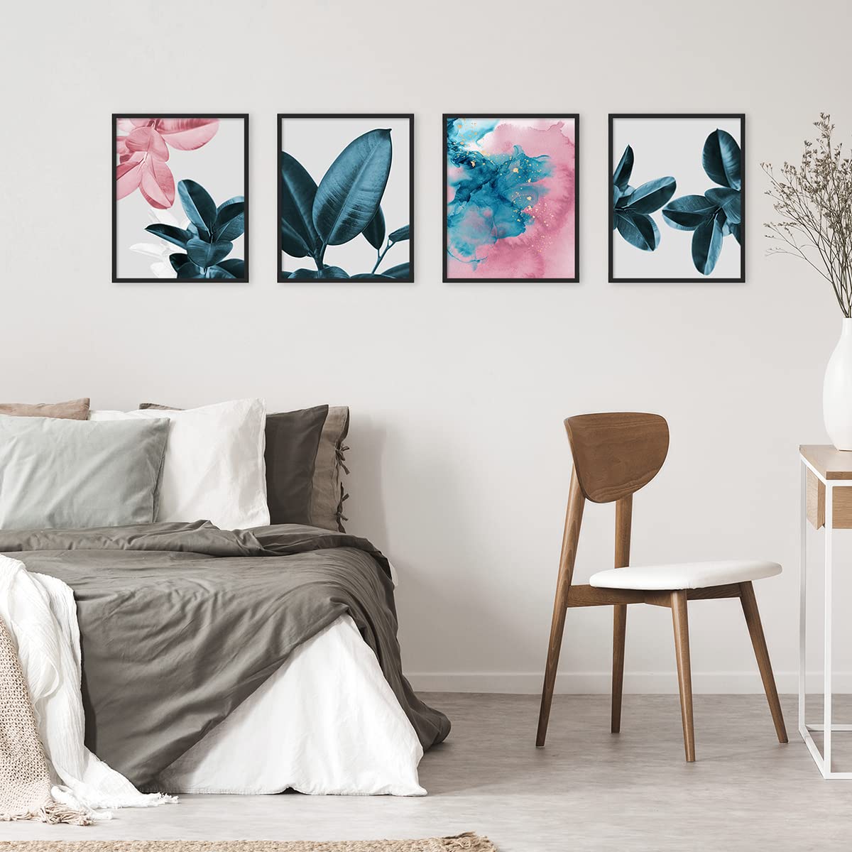 BARATIE Botanical Wall Art Prints Set of 4 Bathroom Decor Wall Art Indigo Blue Plants Rubber Leaves Posters Pink Watercolor Boho Leaf Wall Decor for Bedroom (8"x10" UNFRAMED, Indigo Blue)