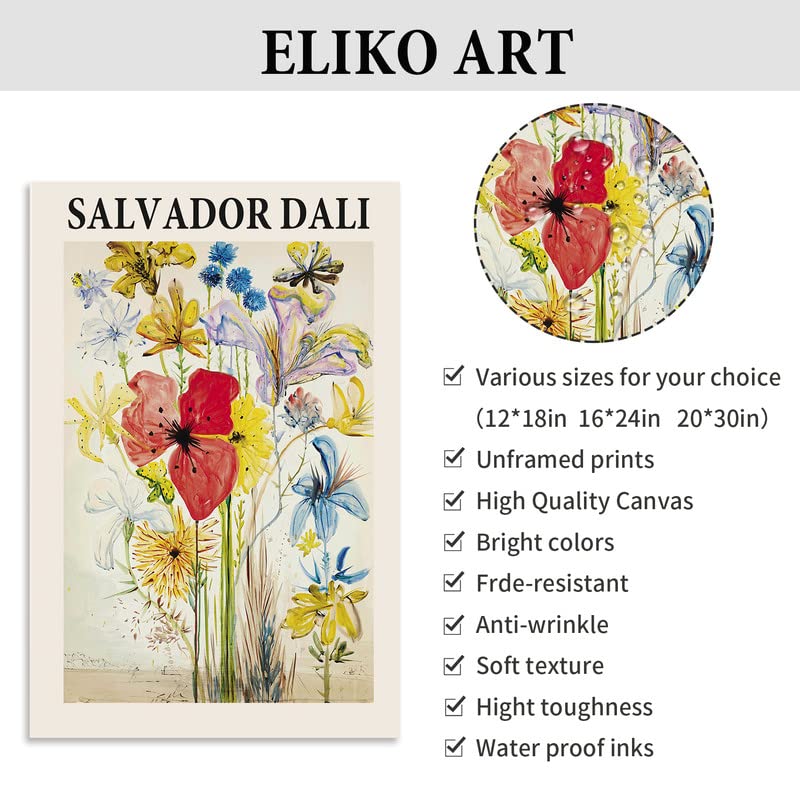 Salvador Dali - Fleurs D'ete Dans un Paysage of Memory Canvas Wall Art Print Poster Picture Modern Surrealism Canvas Wall Art Posters Classic Retro Home Room Decor for Living Room, Bedroom 12"x18"