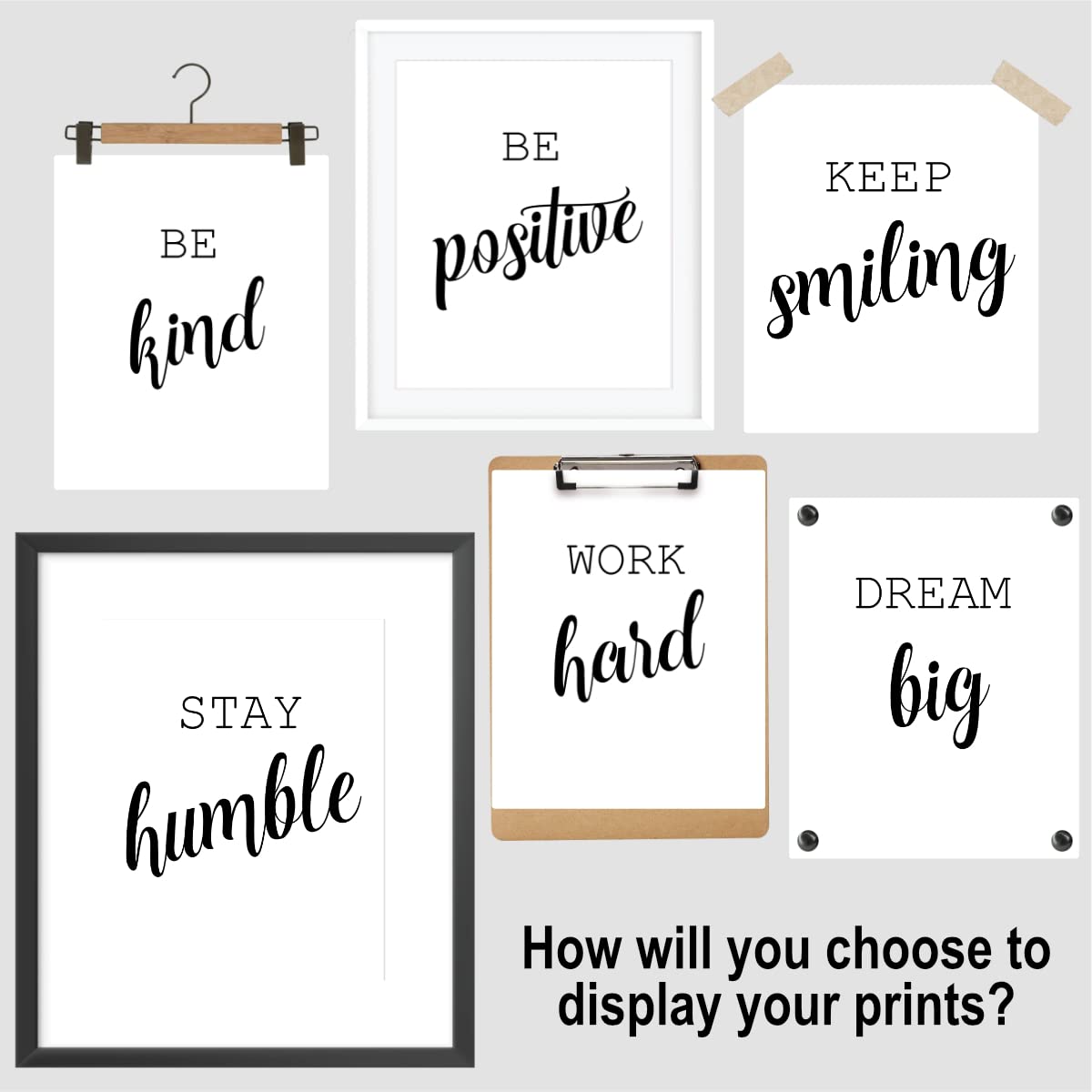 Inspirational Wall Art,Set of 6 Prints,Unframed Black and White Motivational Office or Bedroom Decor with Positive Quotes and Sayings,Daily Affirmations Poster for Men, Keep Smiling, 5"x7")