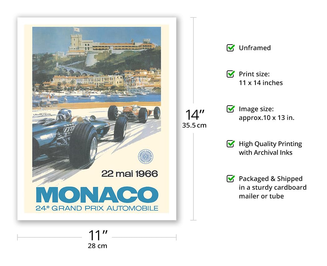 24th Monaco Car Racing Grand Prix - Circuit de Monaco Monte Carlo - Vintage Car Racing Poster by Michael Turner c.1966 - Fine Art Matte Paper Print (Unframed) 11x14in