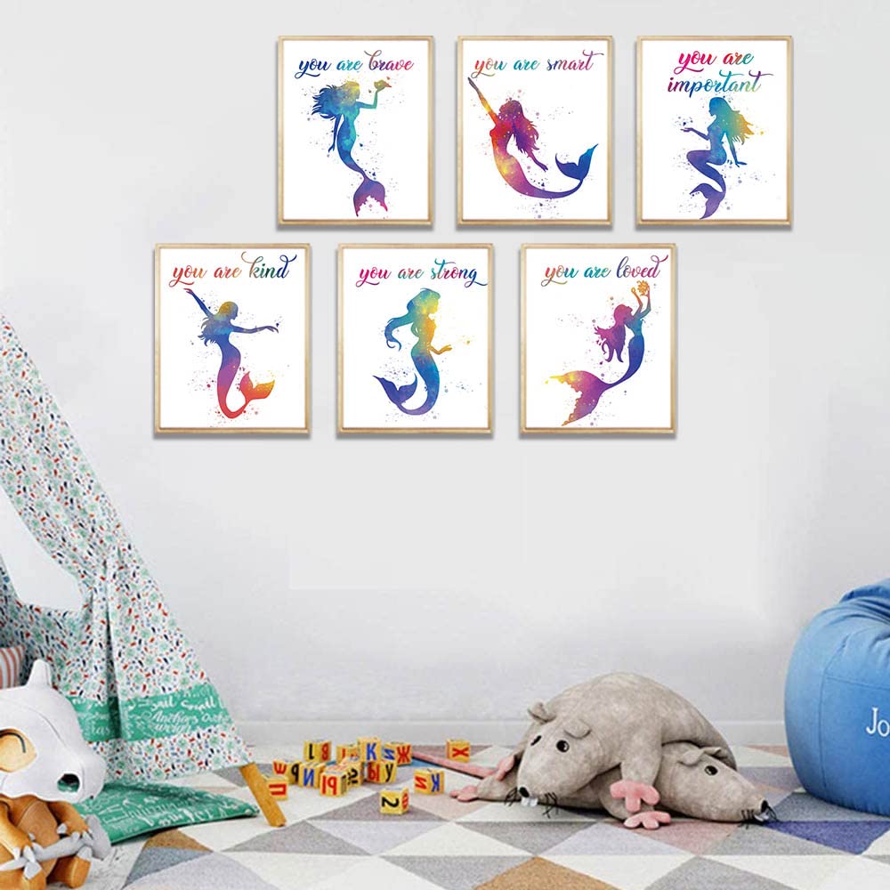 SUUURA-OO Mermaid Inspirational Words Watercolor marine life Art Print Set of 6 (8”X10”), You Are Important Art Poster for Nursery, Bedroom Decor, Mermaid Gift for Girls Kids Home Wall Unframed