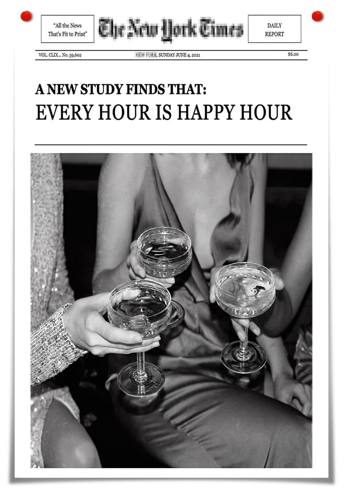 Trendy Wall Art Aesthetic Preppy Poster Print Champagne Funny Black and White New York News Canvas Wall Art Humor Quotes Retro Music Wall Decor for Living Room Bar Cart 12x16in Unframed