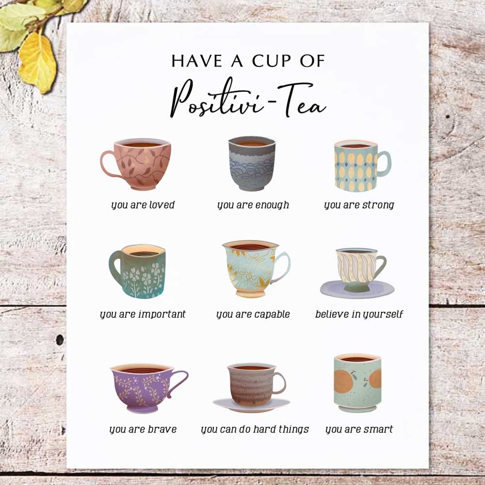 Have A Cup Of Positive-Tea, Self Affirmation Print, Therap Office Decor, Positive Self-talk, Mental Health Wall Art, School Counselor Decor, Office Poster, Unframed (8X10 INCH)