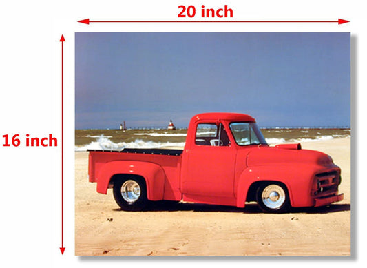 Vintage Red Ford F-100 Pickup Truck Harley Koopman Wall Decor Art Print Poster (16x20)