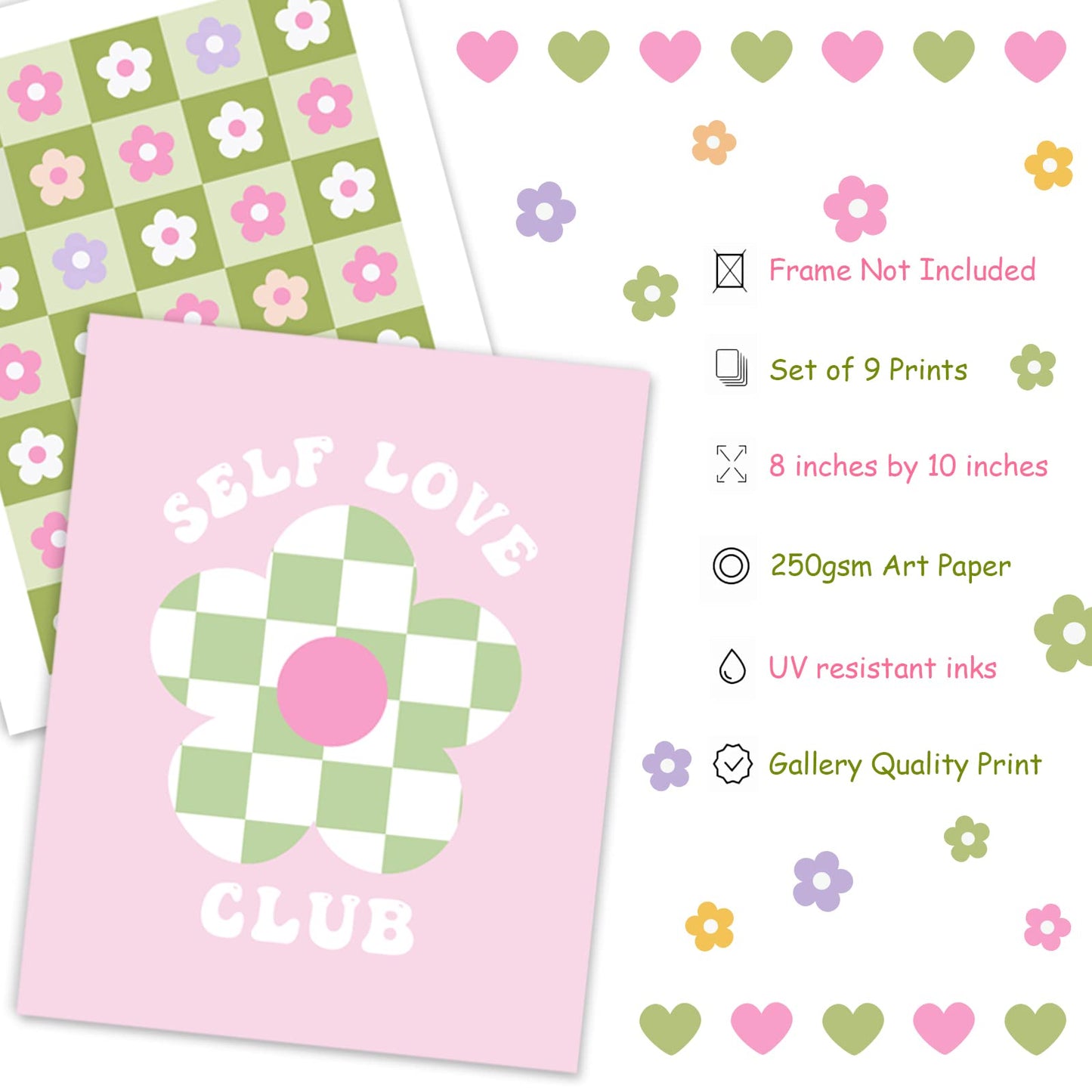 Whaline 9Pcs Preppy Posters Danish Pastel Wall Art Prints Room Decor for Teen Girls Bedroom College Dorm Room Posters Decorations(UNFRAMED 8x10)