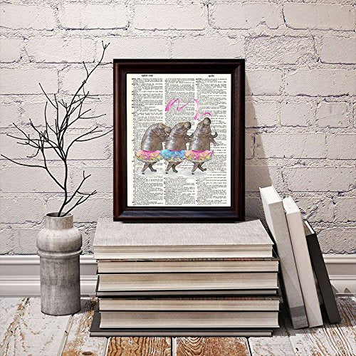 Fresh Prints of CT Dictionary Art Print - Dancing Hippos - Printed on Recycled Vintage Dictionary Paper - 8"x11" - Mixed Media Poster on Vintage Dictionary Page