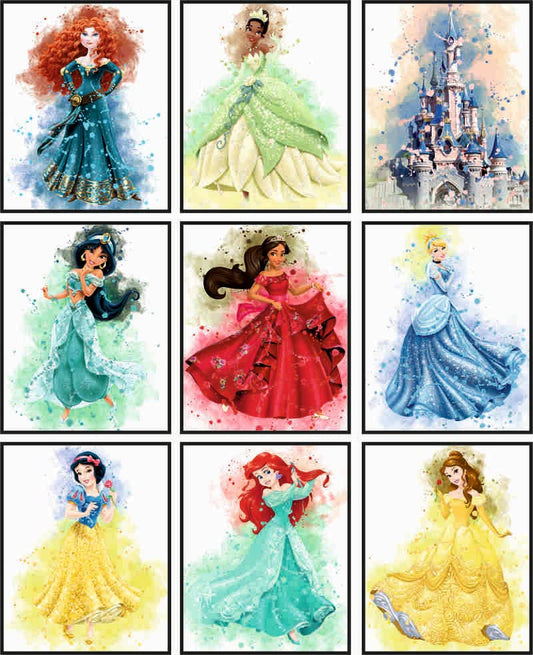 OrtixArt - Princess Wall Art - Princess Poster Watercolor Prints Set of 9 - Kids Room Princess Decorations - Gifts for Princess Fan Poster for Girls - Unframed (8x10) inch