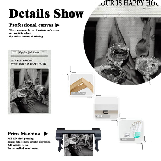 HEMOLAL Positive Affirming Quotes Poster Painting Black and White New York News Newspaper Canvas Wall Art Vintage Alcohol Print Painting Trendy Retro Party Room Decor for Bar Cart 12x16in Unframed