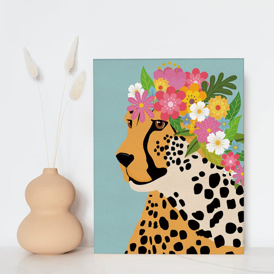 NISTOMISU Colourful Flower Crown Cheetah Canvas Prints Wall Decor Cheetah Canvas Art Sign Canvas Poster Gifts for Home Bedroom Bathroom Nursery Decor 11.5"x15"