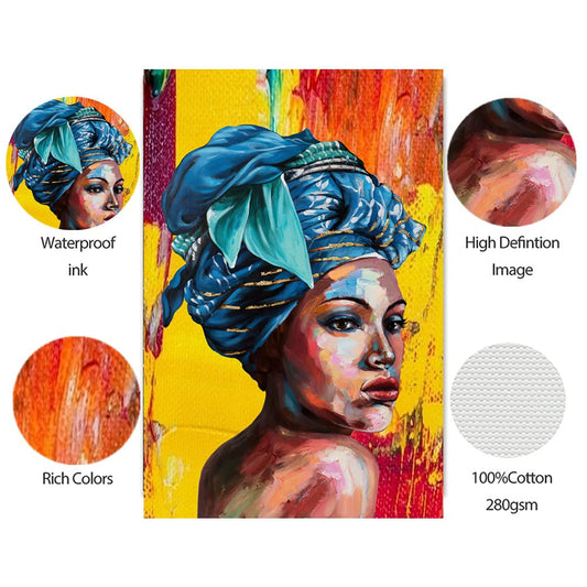 Black Woman Wall Art for Living Room African Canvas Painting Blue Turban Modern Girl Posters and Prints Wall Art Paintings for Wall Art Abstract Black Woman Portrait Wall Art African Girl Canvas