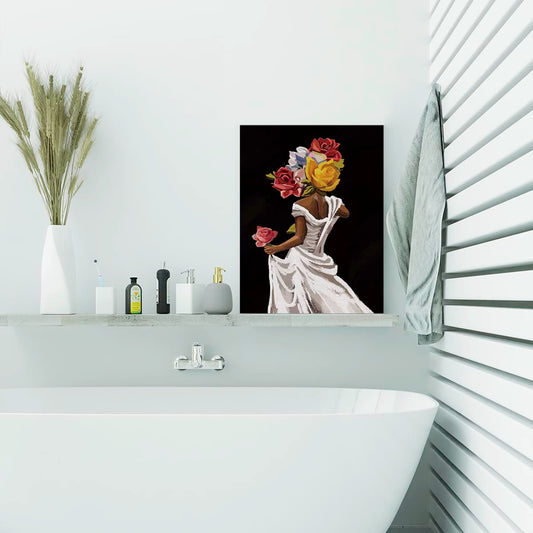 EVXID African American Canvas Poster Painting Wall Art, Floral Black Woman Girl Picture Print Artwork Framed Ready to Hang for Home Bedroom Decor 12 x 15 inch