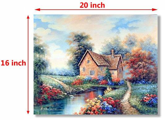 Nature Scenery Country Cottage Garden Flowers River Landscape Wall Decor Art Print Poster (16x20)