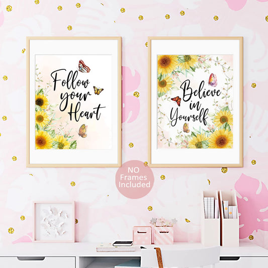 Butterfly Inspirational Quote Wall Art Print For Girls, Sunflower Wall Decor For Girls Bedroom, Motivational Wall Art For Girls Women, Butterfly Pictures Wall Decor Posters (Set Of 4, 8x10 In)