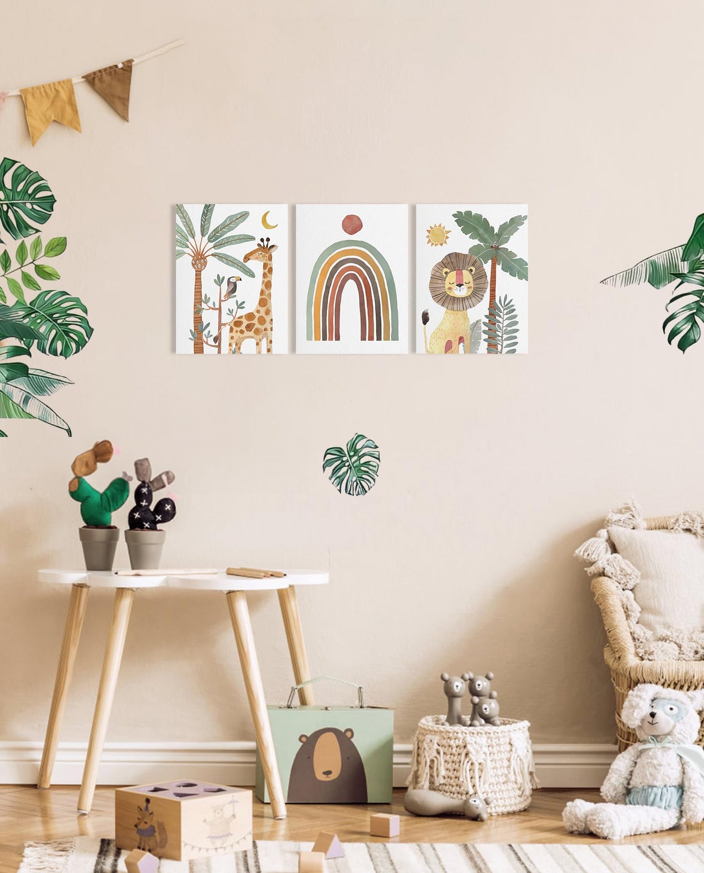 Boho Animal Nursery Wall Art: Safari Animal Prints for Kids' Room, Baby Nursery Decor for Boy Girl, 3 Pieces Giraffe Lion Parrot Rainbow Picture Bedroom Decoration 12" x 16"