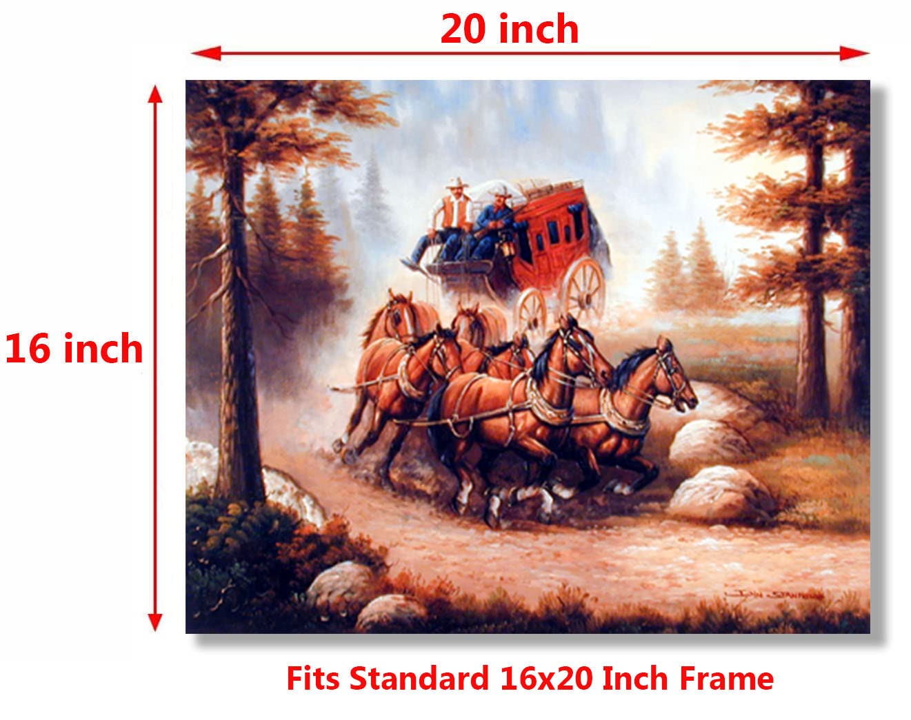 Old Western Cowboy With Red Stagecoach and Running Horses Wall Decor Art Print Poster (16x20)
