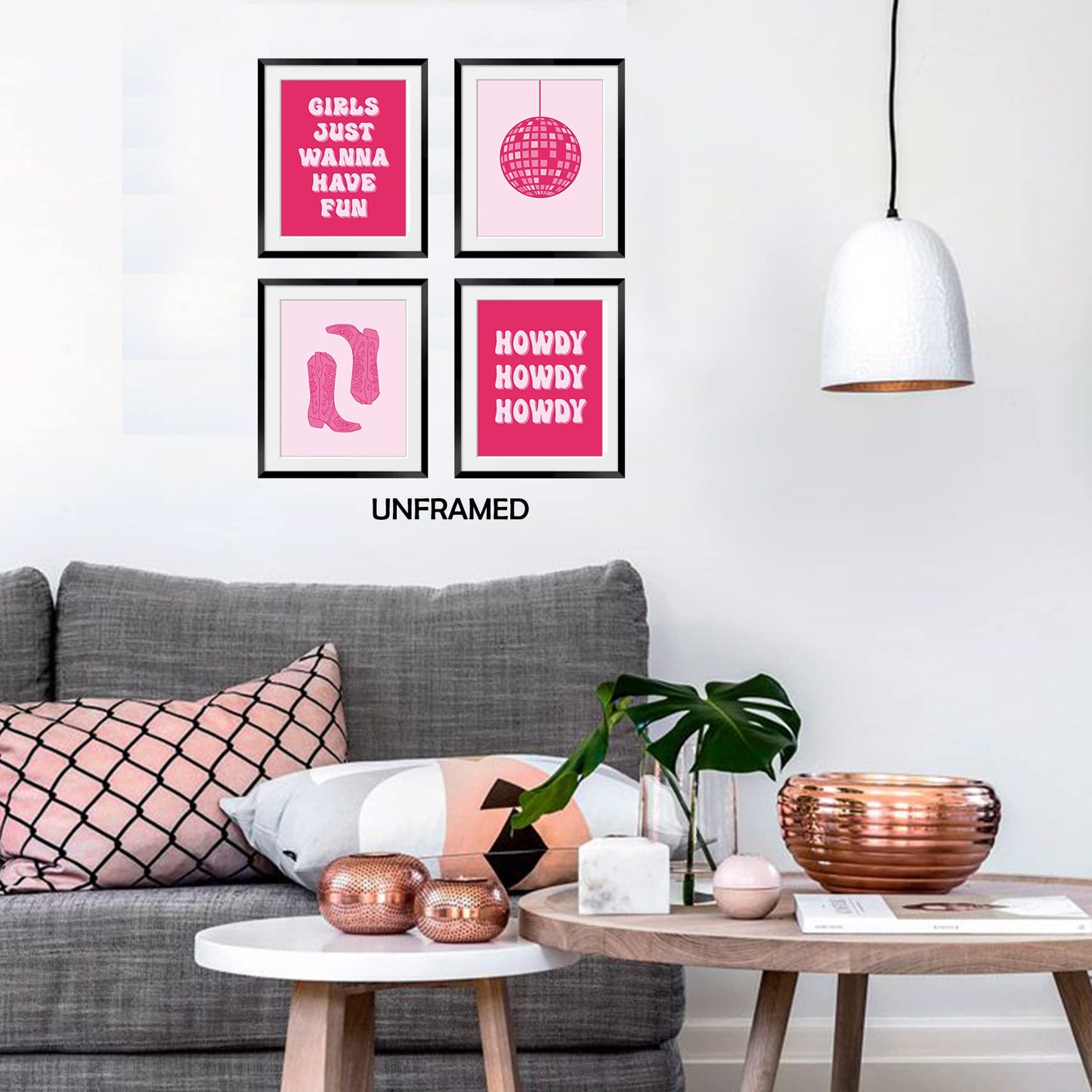 OGILRE Preppy Pink Abstract Disco Ball Cowgirl Boots Howdy Girl Just Wanna Have Fun Wall Art Decorations Prints, Cowgirl Boho Poster, 8x10 Inch 4 Set Unframed
