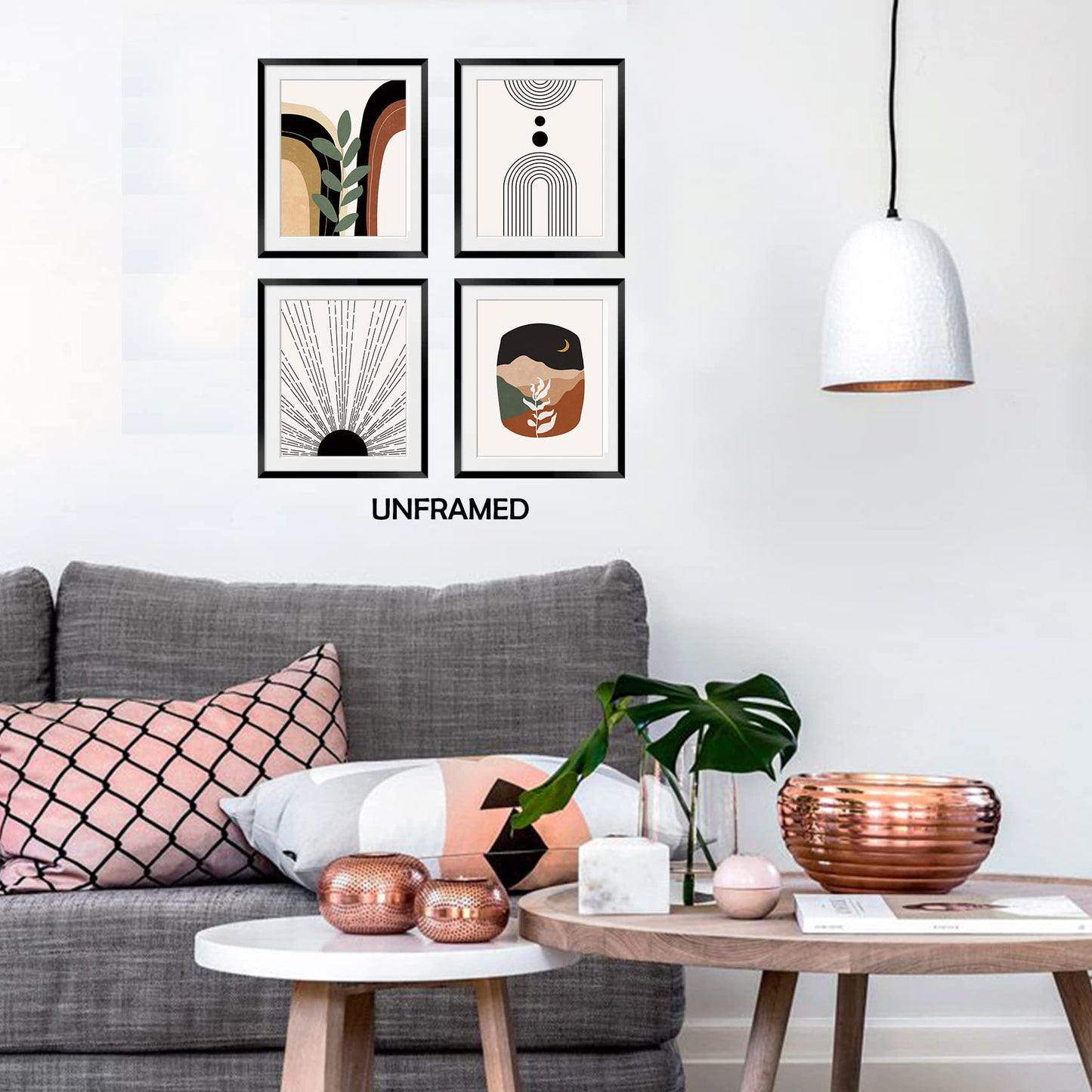 OGILRE Botanical Leaf Sun Moon Desert Mountain Abstract Art Nature Wall Art Decorations Prints, Boho Landscape Drawing Poster, 8x10 Inch 4 Set UNFRAMED