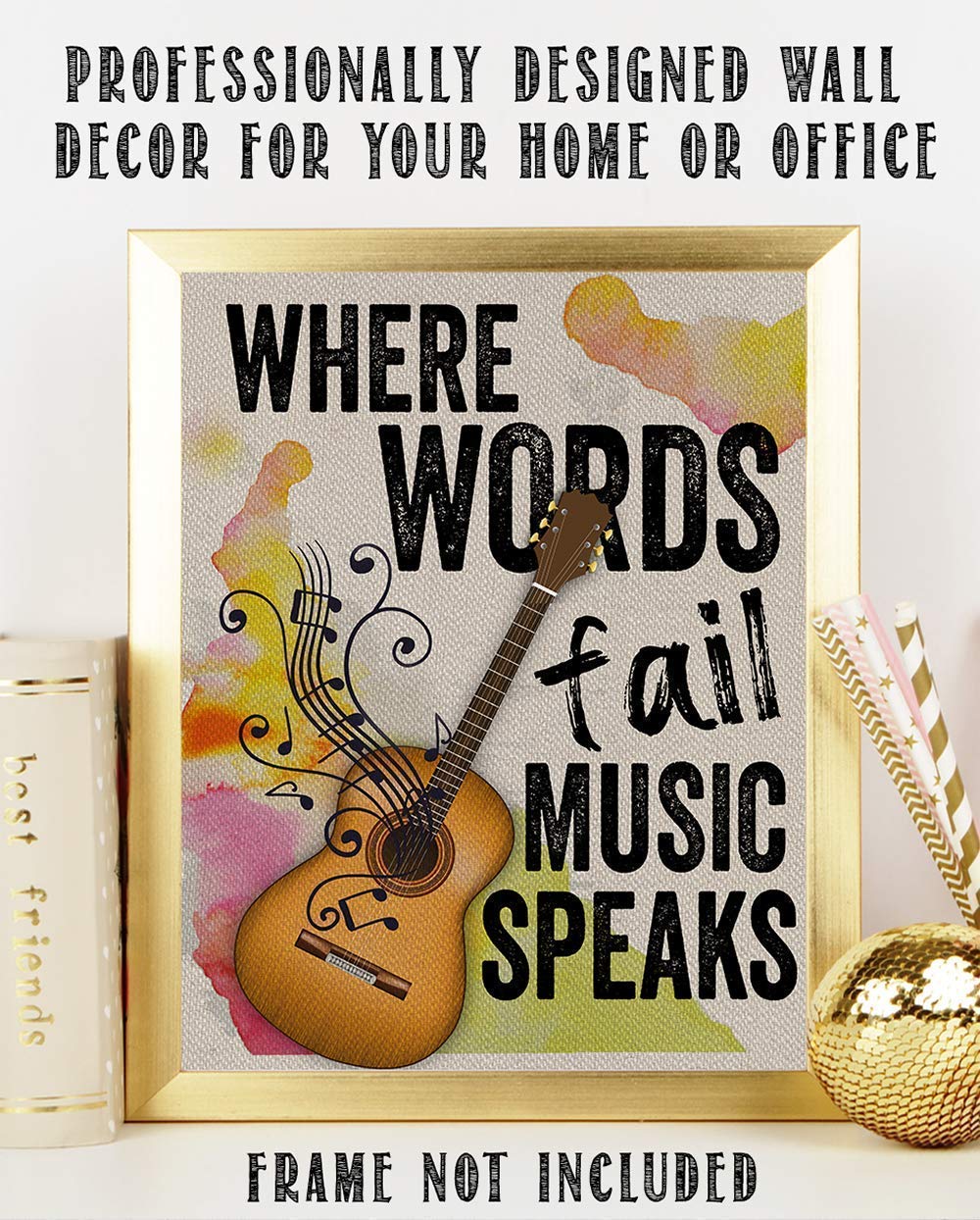 Where Words Fail Music Speaks Poster, Music Posters Room, Modern Home Decor, Guitar Canvas Wall Art, Perfect Gift for Musicians, Inspirational Quotes Wall Art,11x14 Inch Unframe Posters