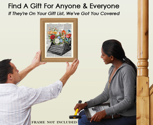 Vintage Typewriter and Flowers Dictionary Wall Art Print: 8x10 Unframed Poster For Home, Office, Dorm & Bedroom Decor - Great Gift Idea Under $15 for Writers