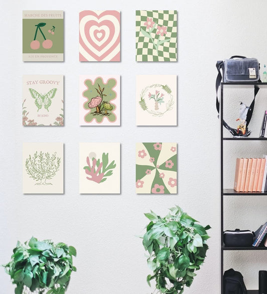 MINI ZOZI Danish Pastel Posters 8x10 9pcs Aesthetic Room Decor Green And Pink Wall Art Prints Collage Cute Coquette Trendy Preppy Coconut Girl Y2k Kawaii Indie Retro Pictures Butterfly Heart Cherry