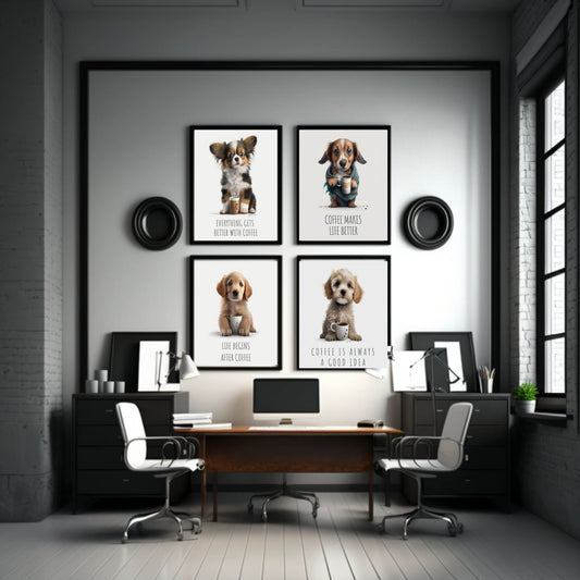 HT LIFE Funny Dog Decor Dog Lovers Wall Art Home Decor Poster Dog Wall Art-Set of 4 (8x10) Funny Animal Wall Art Posters - Cute Poster Funny Wall Art Dogs Who Love Coffee Unframed