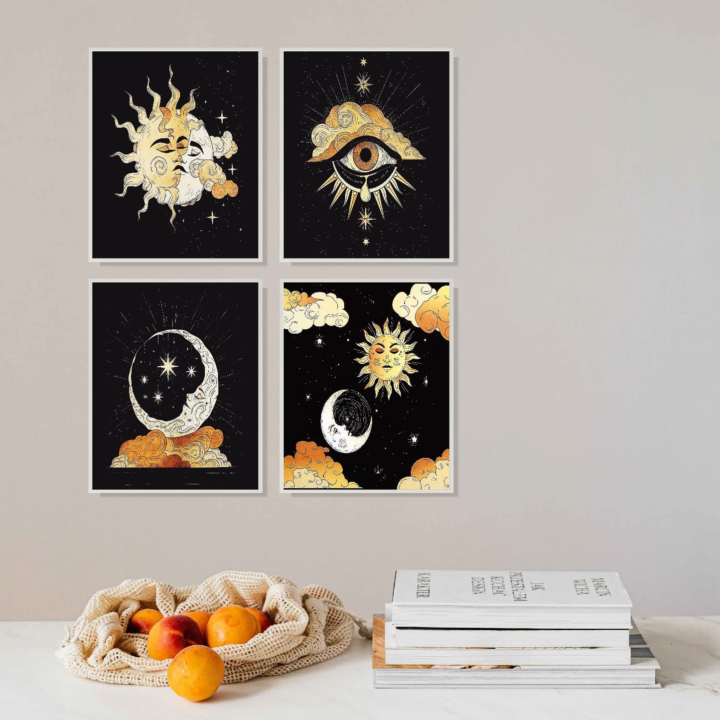 Tarot Starry Night Sun and Moon Cloud Demon Eye Poster Wall Art Prints Tarot Themed Art Decor for Office Home Living Room Girls Room,Tarot Lovers Gifts,8”x 10”Inch Poster Paintings Set of 4 Art Decor