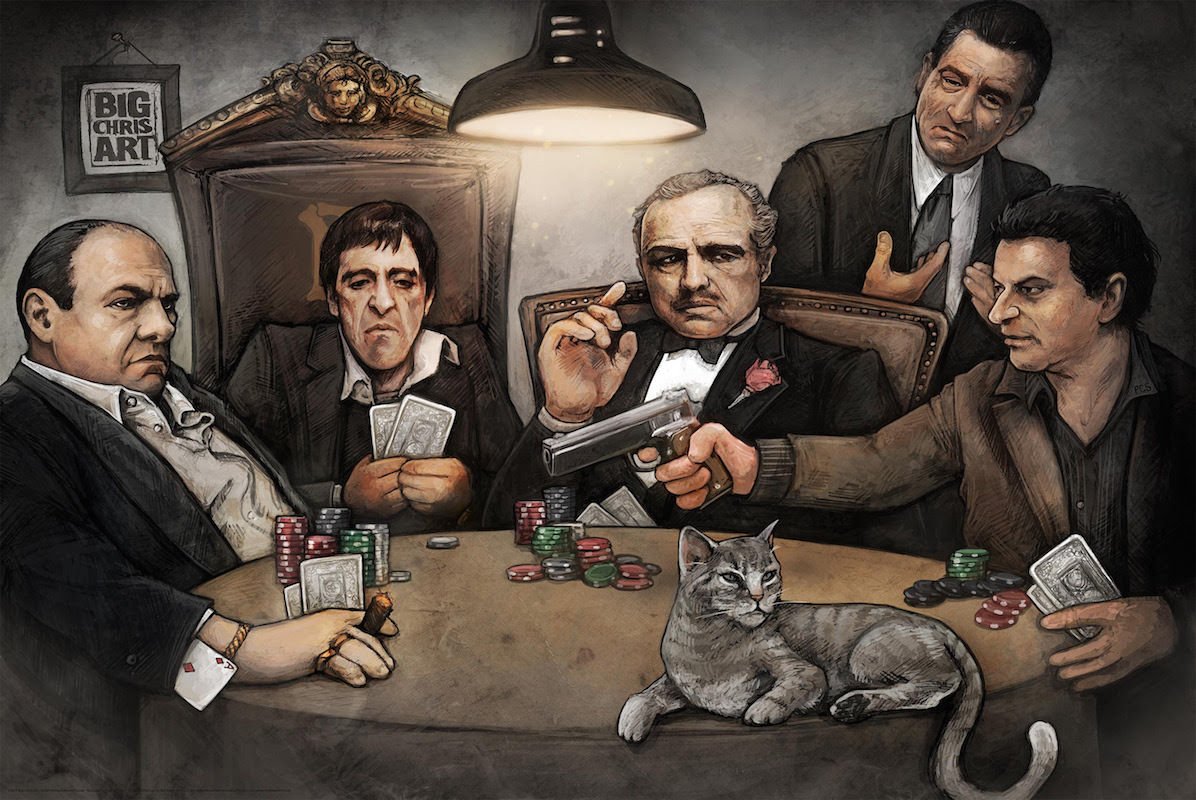 BIG CHRIS ART GANGSTERS COLLAGE PLAYING POKER POSTER 36" X 24" HORIZONTAL TV MOVIES OUT OF PRINT