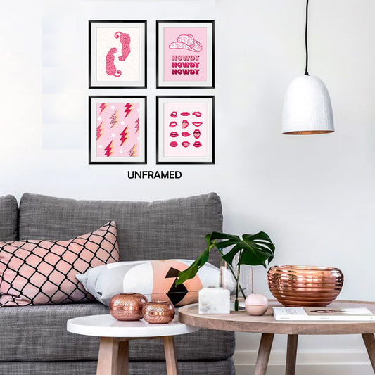 OGILRE Hot Pink Preppy Howdy Leopard Cowgirl Hat Cheetah Lips Lightening Aesthetic Wall Art Decorations Prints, Preppy Dorm Posters, 8x10 Inch 4 Set UNFRAMED