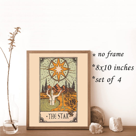VNWEK Retro Tarot The Sun Moon Star And The Lovers Wall Art Poster Prints Unframed 8”x10”Set Of 4,Tarot Themed Decorations for Home Girls Room Dorm,Daughter Sister Astrology Tarot Lovers Gifts
