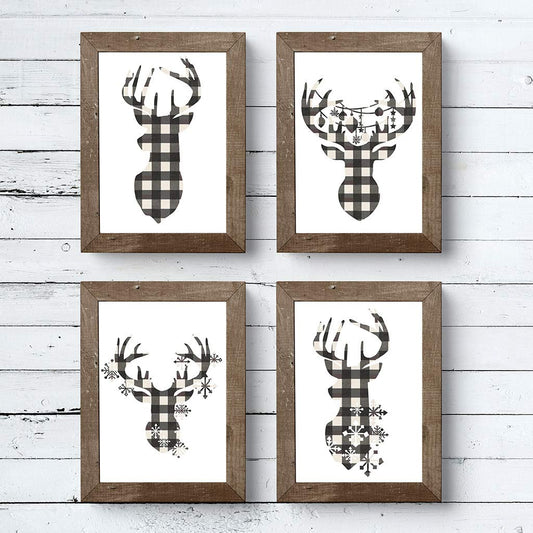 Miss Kate Cuttables 8x10 Prints - Cream & Black Buffalo Check Reindeer Head Silhouettes - Christmas Decoration Art for Frames | Set of 4 Wall Prints Posters (Unframed)